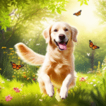 alt_text: A joyful golden retriever plays in a sunlit park, surrounded by greenery and fluttering butterflies.