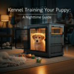 alt_text: A cozy nighttime scene of a puppy peeking from its kennel, radiating warmth and security.