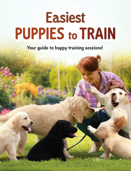 alt_text: Adorable, trainable puppies with a smiling owner in a sunny park, promoting joyful training experiences.