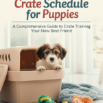 alt_text: A fluffy puppy peeks from a cozy crate in a warm, inviting home, surrounded by toys and a soft blanket.