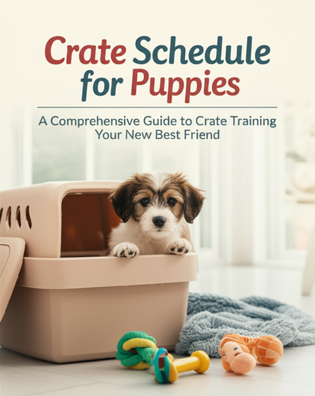 alt_text: A fluffy puppy peeks from a cozy crate in a warm, inviting home, surrounded by toys and a soft blanket.