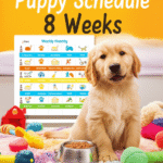 Alt_text: A cheerful puppy in a cozy room, with toys and a calendar highlighting key care milestones.