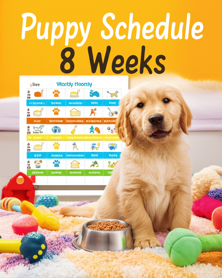 Alt_text: A cheerful puppy in a cozy room, with toys and a calendar highlighting key care milestones.