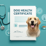 alt_text: A professional Dog Health Certificate with a happy dog, stethoscope, and health icons in soft colors.