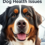 alt_text: Close-up of a Bernese Mountain Dog with health symbols, emphasizing care and health awareness.