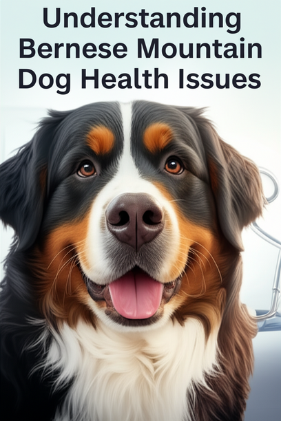 alt_text: Close-up of a Bernese Mountain Dog with health symbols, emphasizing care and health awareness.