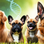alt_text: Diverse, healthy dogs and a subtle DNA helix, representing how breeding shapes canine health.