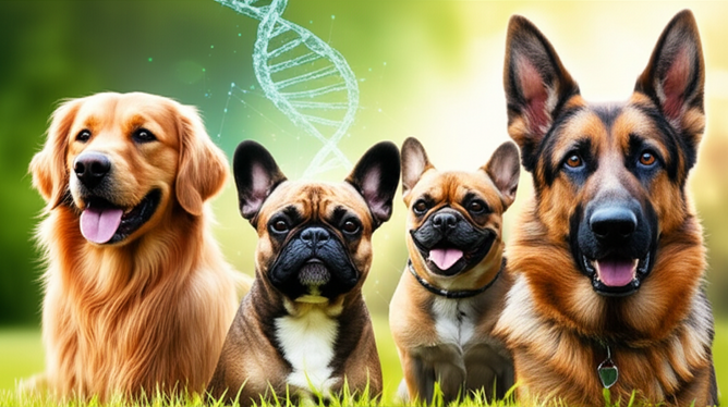 alt_text: Diverse, healthy dogs and a subtle DNA helix, representing how breeding shapes canine health.