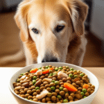 alt_text: Photorealistic image of a happy dog and a bowl of high-quality food in a cozy home kitchen.