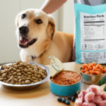 alt_text: A dog with varied healthy food bowls (kibble, wet, fresh) on a counter, showing pet nutrition options.