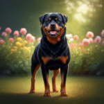 alt_text: A confident Rottweiler in a vibrant garden, showcasing strength and loyalty amidst blooming flowers.
