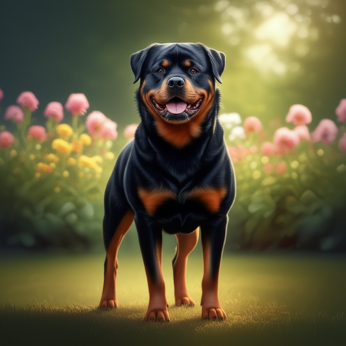 alt_text: A confident Rottweiler in a vibrant garden, showcasing strength and loyalty amidst blooming flowers.