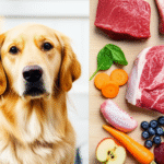 alt_text: A healthy dog with raw meat, bones, and vegetables, showcasing natural pet nutrition.