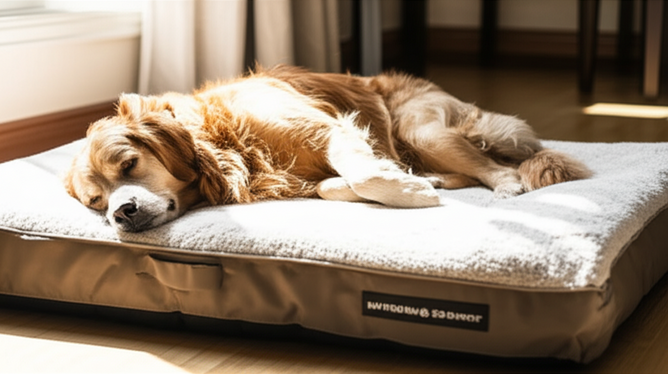 A contented dog deeply asleep on a plush, supportive bed in a cozy, sunlit home. Pure canine comfort.