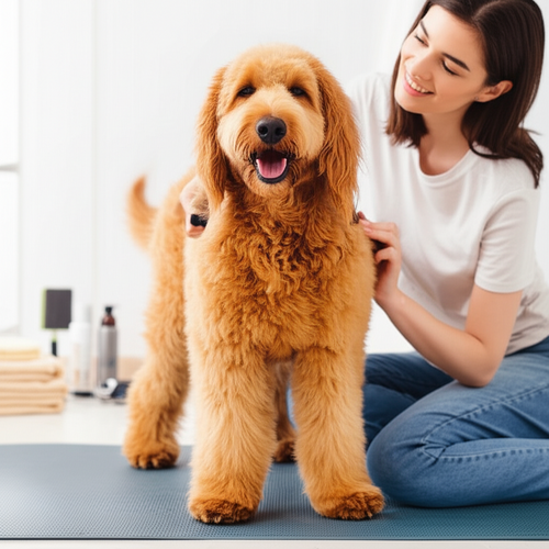 alt_text: Cozy scene: A person lovingly grooms their calm, fluffy dog at home, emphasizing their happy bond.