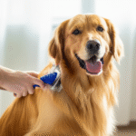 Owner gently brushes a healthy dog with a deshedding tool, managing shedding in a clean home.