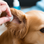 A caring human hand gently cleans the ear of a calm, floppy-eared dog, showing responsible pet care.