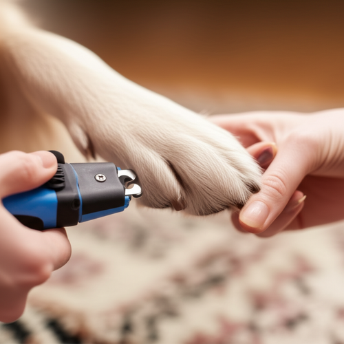 alt_text: Close-up: Human hand gently trims a dog's nail with a clipper/grinder in a calm home setting.