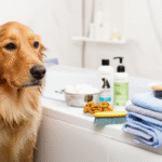 alt_text: Calm dog getting pre-bath grooming in a modern bathroom with supplies like shampoo and towels.