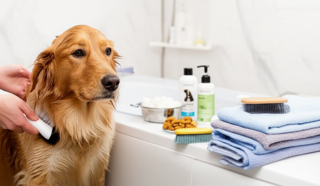 alt_text: Calm dog getting pre-bath grooming in a modern bathroom with supplies like shampoo and towels.