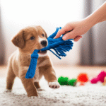 A vibrant photo of an energetic puppy in playful motion indoors, interacting with a gentle human hand.