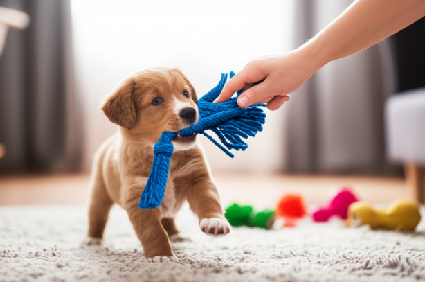 A vibrant photo of an energetic puppy in playful motion indoors, interacting with a gentle human hand.