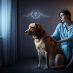 alt_text: Dog alerts to unseen sounds at night. Owner puzzled, seeks to decode the barks in a cozy, dim room.