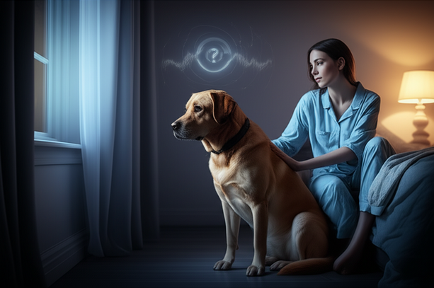alt_text: Dog alerts to unseen sounds at night. Owner puzzled, seeks to decode the barks in a cozy, dim room.