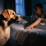 alt_text: A dog's soft barks disturb a quiet, moonlit bedroom. Its tired owner tries to understand the nocturnal plea.