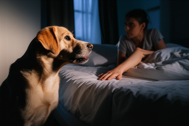 alt_text: A dog's soft barks disturb a quiet, moonlit bedroom. Its tired owner tries to understand the nocturnal plea.