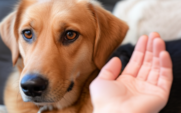 alt_text: A worried dog's subtle anxiety, met with a gentle human hand of understanding.