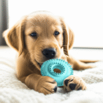 Adorable puppy happily chewing on a textured teething toy in a cozy home setting.