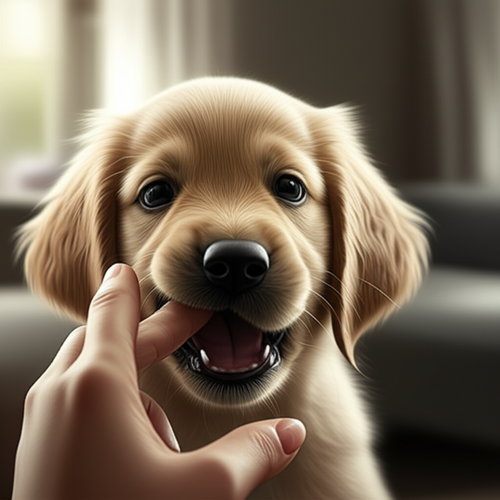 alt_text: Adorable puppy gently mouths a human hand, showing playful curiosity & teaching patience.