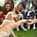 Realistic photo: Joyful puppy socializes with diverse people and dogs in a natural outdoor setting.
