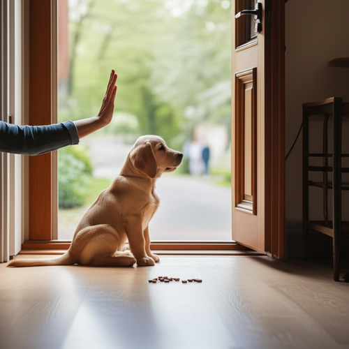 A puppy performing a 'stay' command with its owner, showing trust, control, and safety through training.