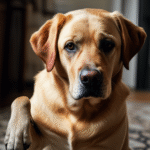 A pensive dog in a cozy home, showing subtle signs of discomfort, hinting at allergies.