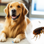 alt_text: A serene dog in a clean home, with a stylized flea, representing flea prevention and control.