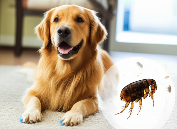 alt_text: A serene dog in a clean home, with a stylized flea, representing flea prevention and control.