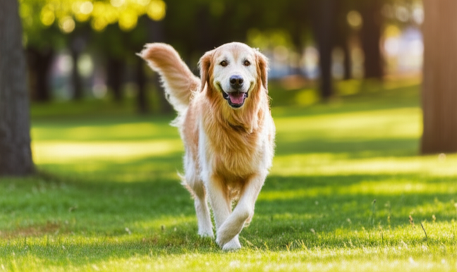 Happy dog joyfully moving in a sunlit outdoor setting, showing vibrant canine mobility.