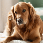 alt_text: A calm dog with a thoughtful expression subtly scratches an itch, showing mild discomfort in a cozy setting.