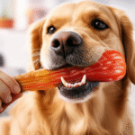 Happy dog with healthy white teeth chewing a dental treat.