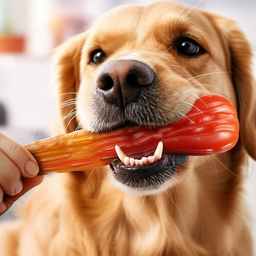 Happy dog with healthy white teeth chewing a dental treat.