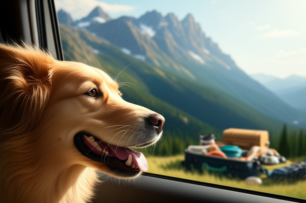 AI image prompts for a dog-friendly travel book cover, showing various travel scenarios.