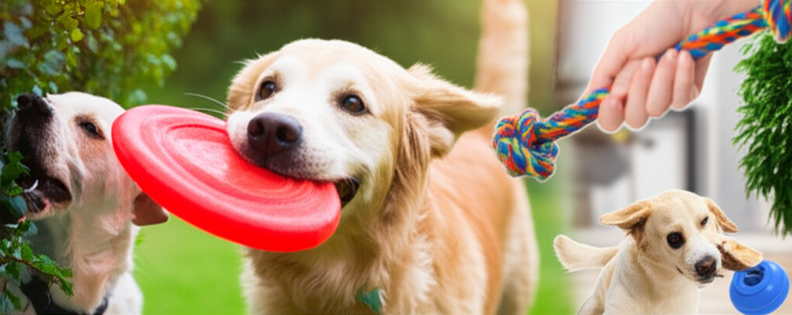 alt_text: Happy dog playing fetch, tug-of-war, hide-and-seek, and indoor games.