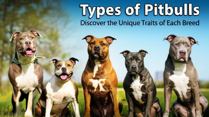 alt_text: A vibrant cover showcasing five pitbull types in a sunny park, highlighting their unique traits.