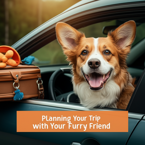 alt_text: Happy dog enjoys a road trip. Suitcase, dog bowl, toys visible. "Planning Your Trip with Your Furry Friend"
