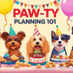 alt_text: Cartoon dogs enjoy a party with cake, treats, balloons, and a "Paw-ty Planning 101" banner.