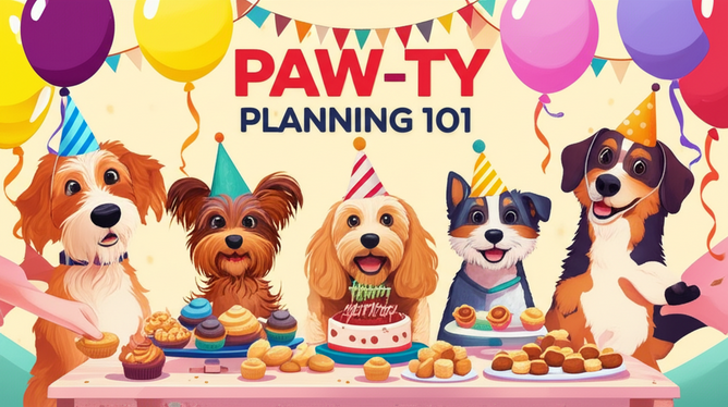 alt_text: Cartoon dogs enjoy a party with cake, treats, balloons, and a "Paw-ty Planning 101" banner.