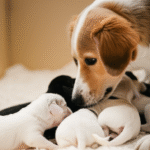 Mother dog lovingly tends her newborn puppies in a cozy whelping box.