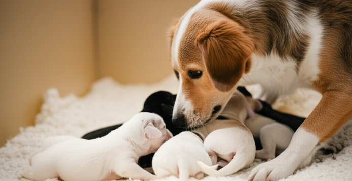 Mother dog lovingly tends her newborn puppies in a cozy whelping box.